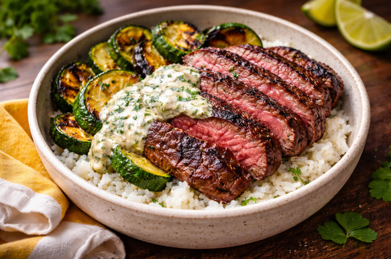 Grilled Steak Bowl with Sauce & Grilled Zucchini Bliss