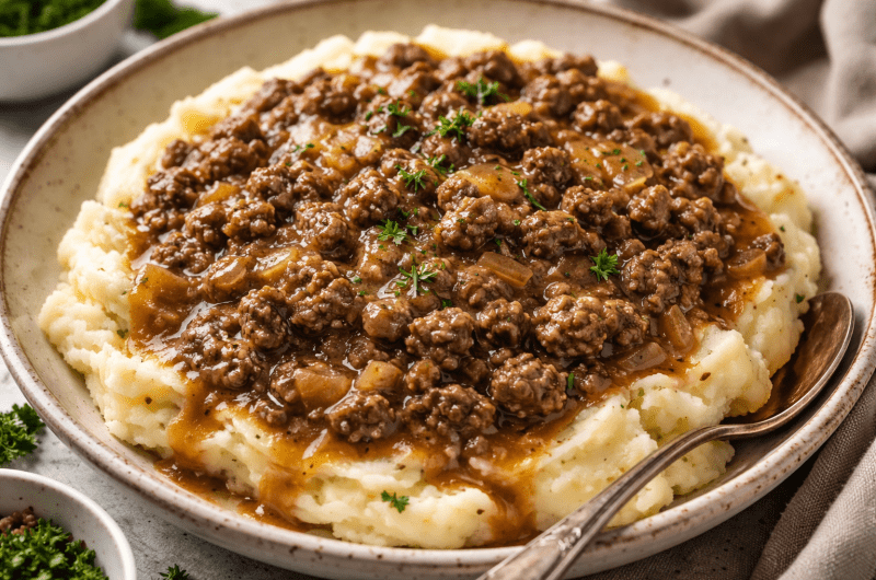 Homestyle Ground Beef & Gravy Over Creamy Mashed Potatoes